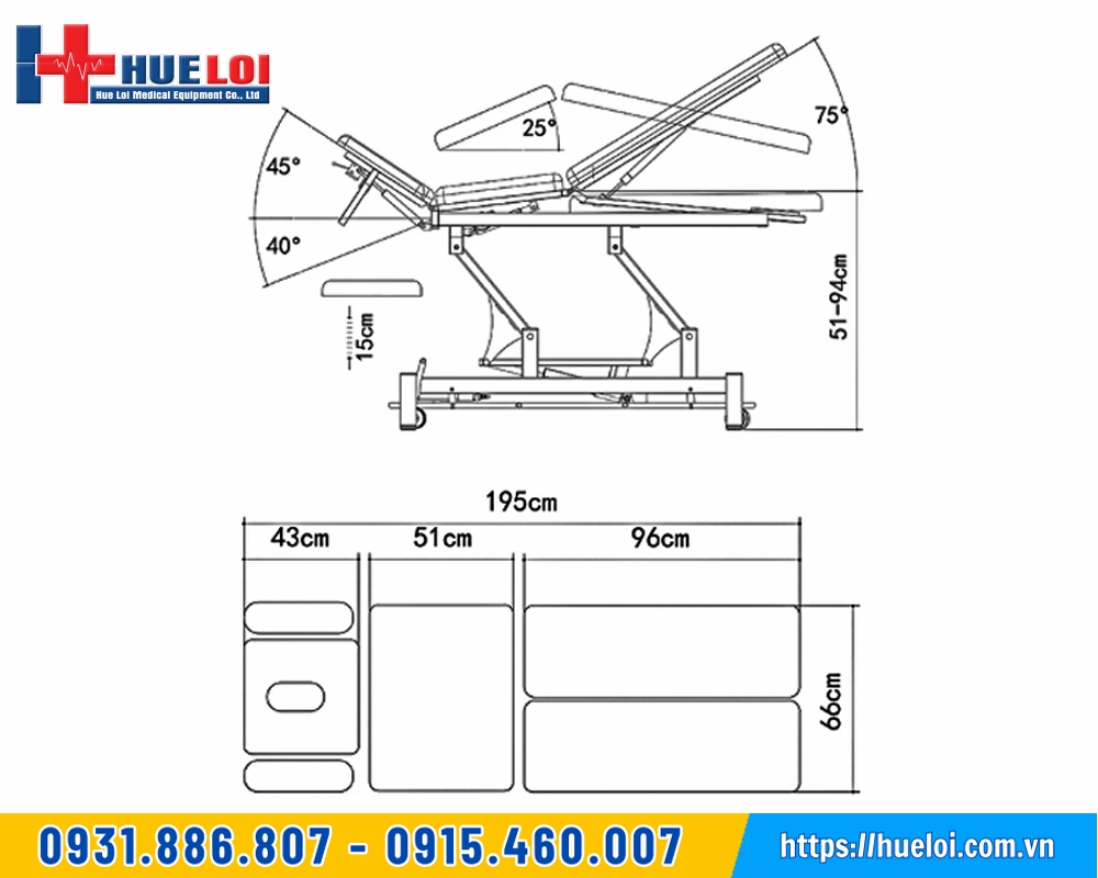 kích thước giường trị liệu phục hồi chức năng