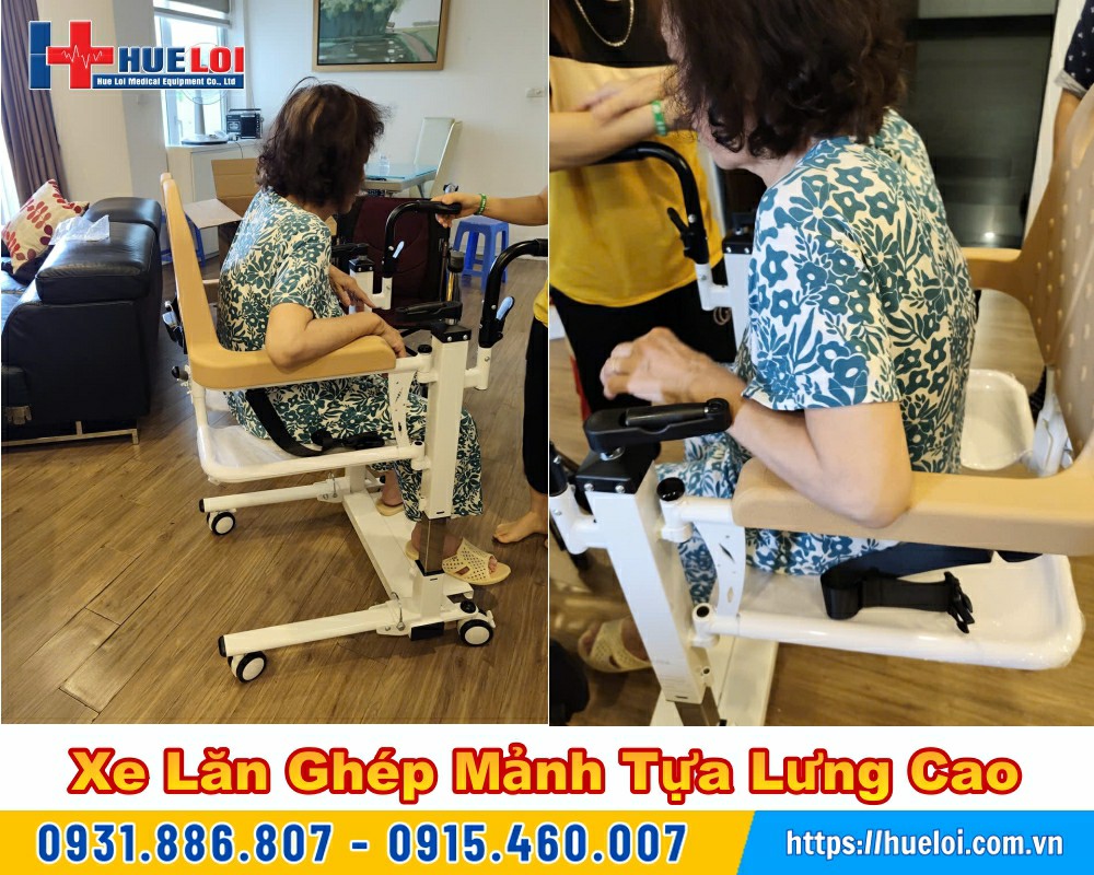 xe lăn ghép mảnh nâng hạ người bệnh bằng tay quay