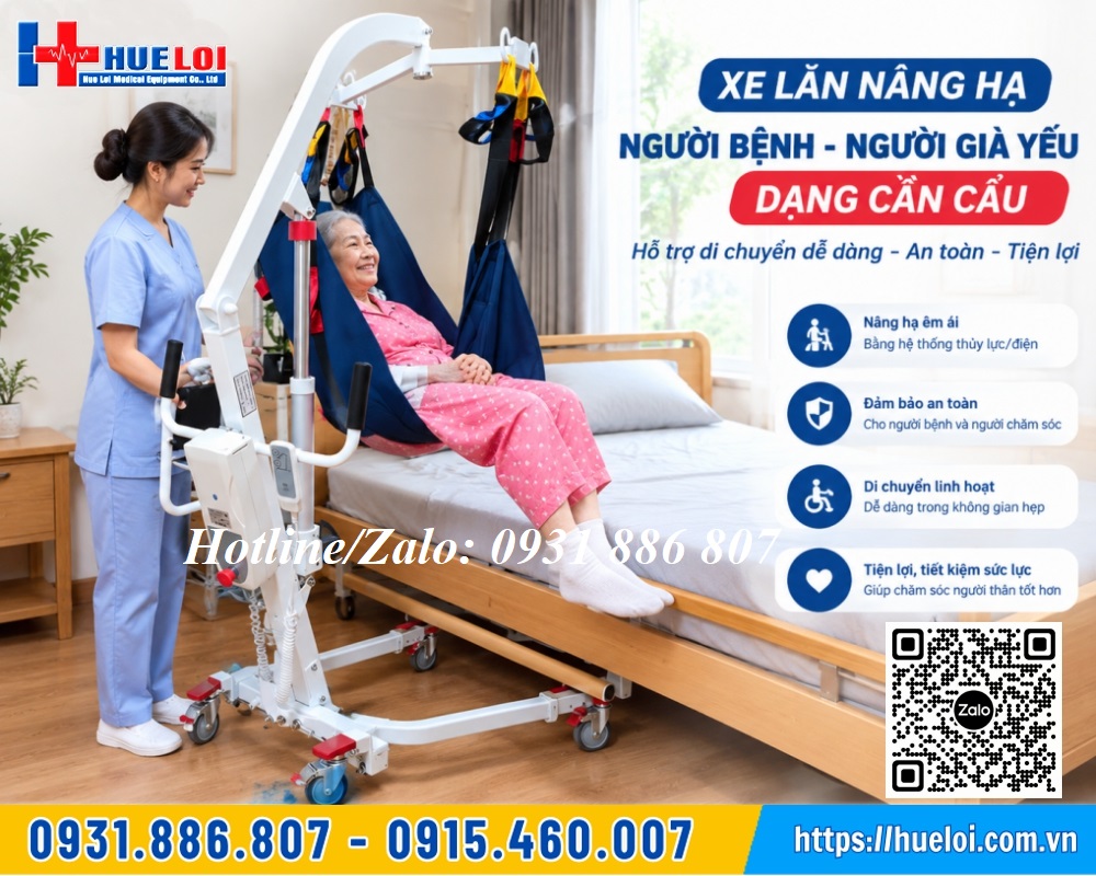 Xe lăn nâng hạ di chuyển người già yếu dạng cần cẩu